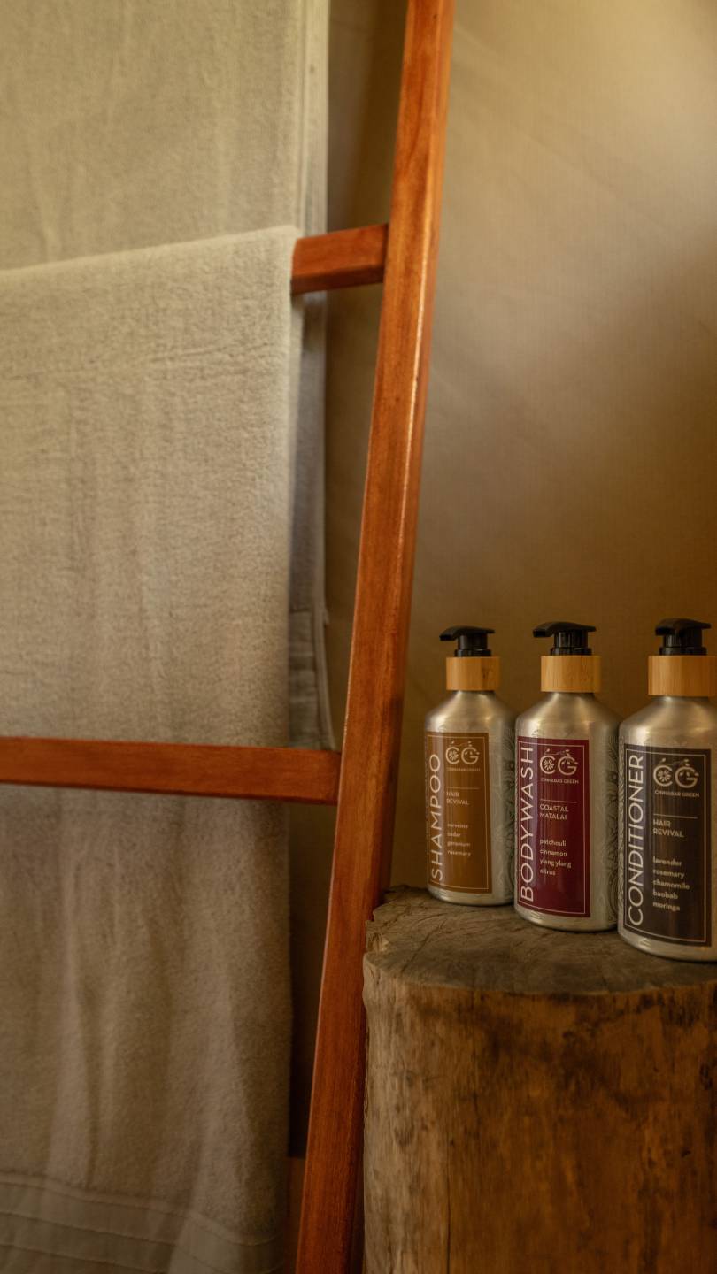 Shower Ammenities in the guest shower of an Enkishui Safari Camp Safari Tent