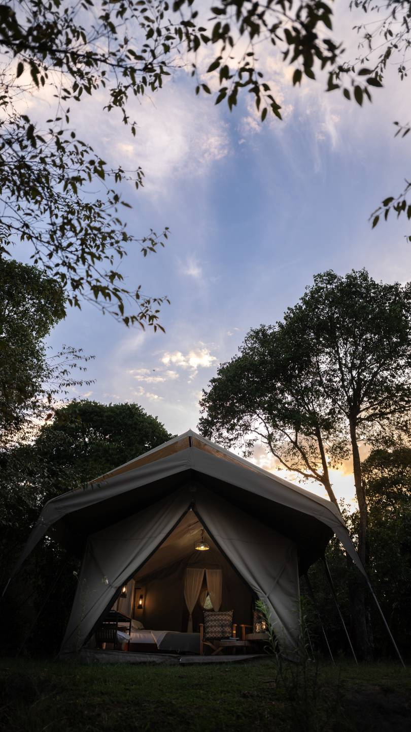 The exterior of an Enkishui Safari Camp Safari Tent at sunset