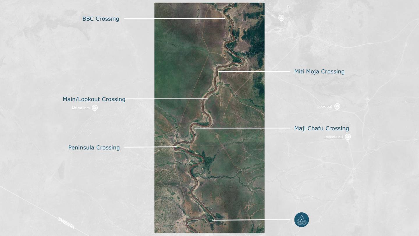 An image showing a map of the major crossing points on the Mara River during the great Migration