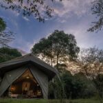 The exterior of a Enkishui Safari Camp guest safari tent at sunset